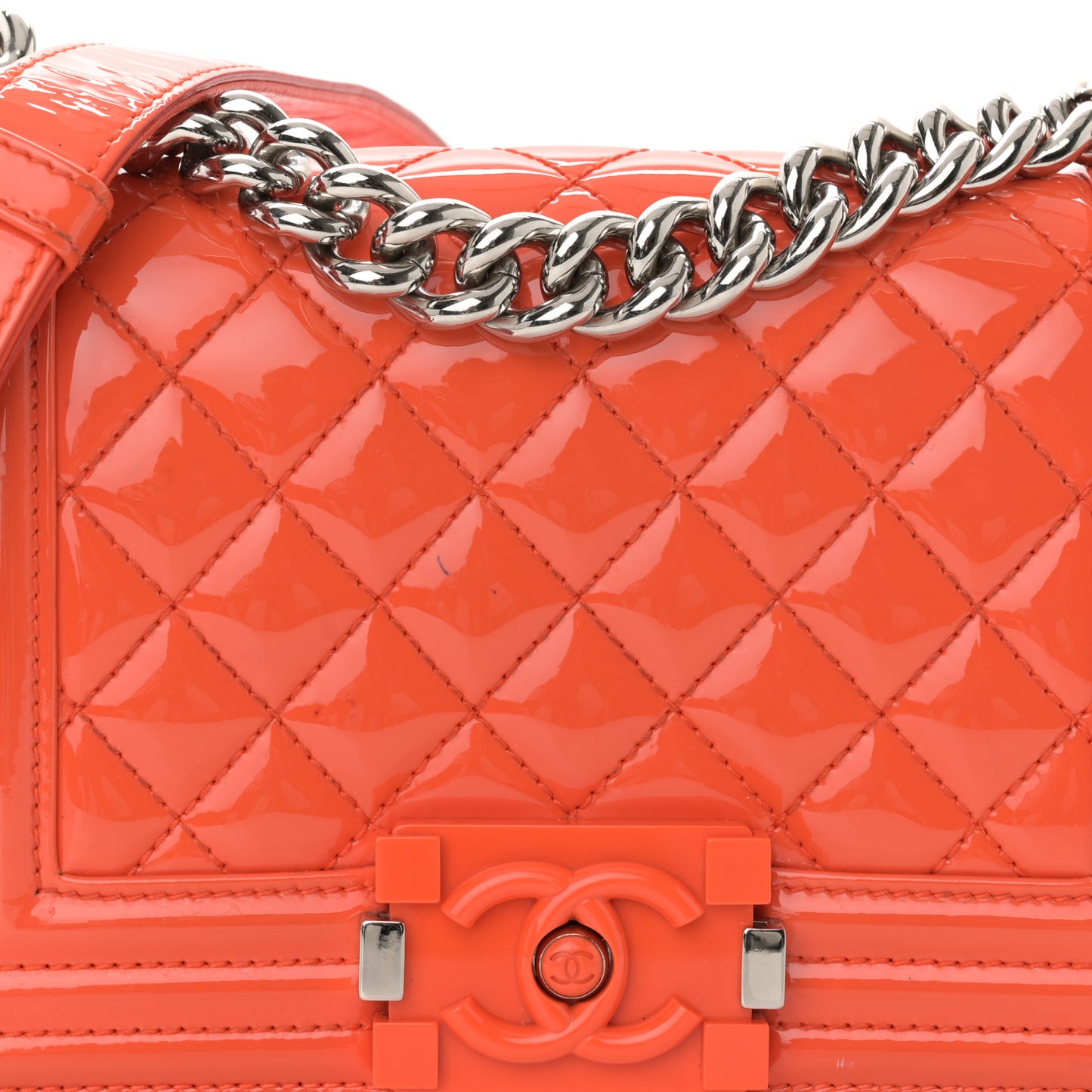 Patent Calfskin Quilted Small Plexiglass Boy Flap Orange