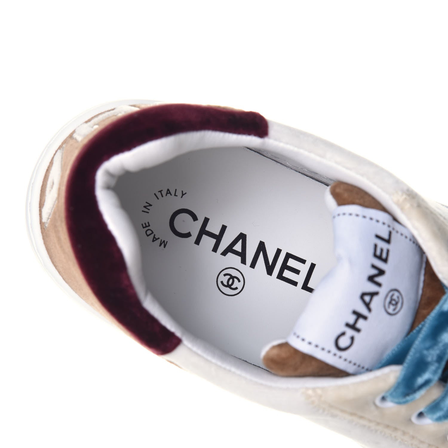 Chanel Calfskin Velvet Womens Logo Sneakers 38 White Beige Burgundy 8 of 10