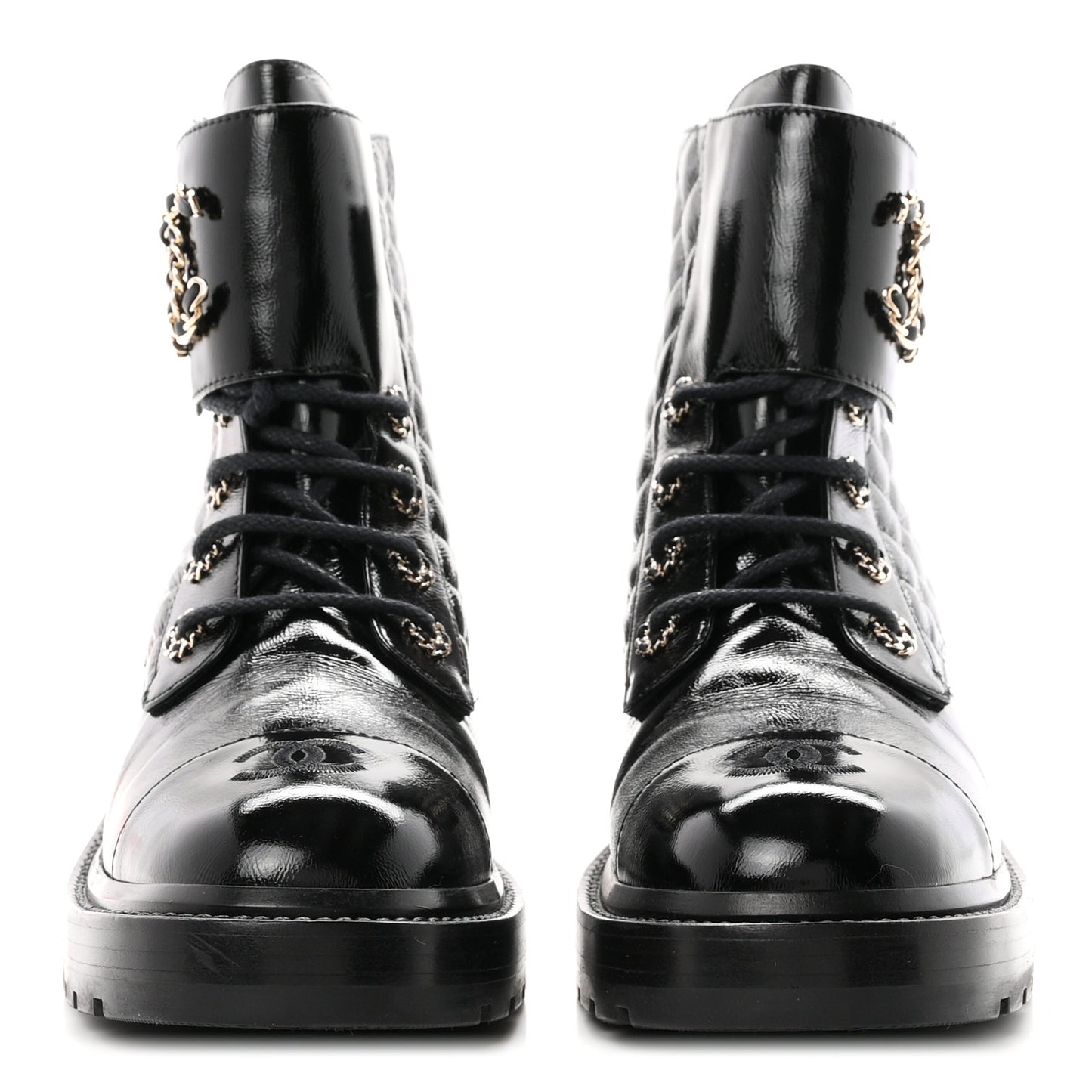 Shiny Calfskin Quilted Lace Up Combat Boots 40.5 Black