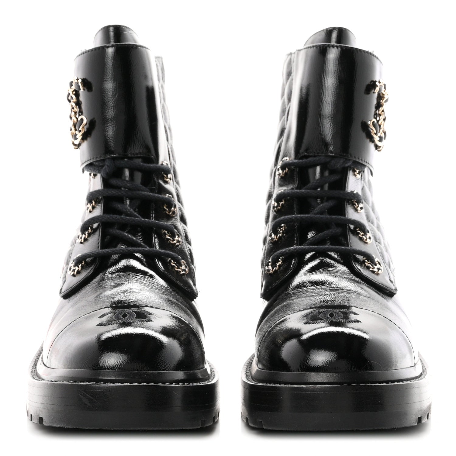 Chanel Shiny Calfskin Quilted Lace Up Combat Boots 40.5 Black 3 of 11