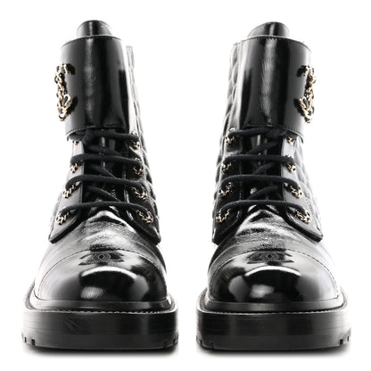 Chanel Shiny Calfskin Quilted Lace Up Combat Boots 40.5 Black 3 of 11