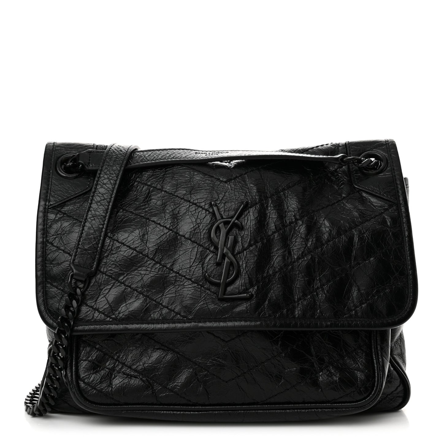 Crinkled Calfskin Matelasse Monogram Medium Niki Chain Satchel Black