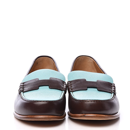 Hermes Calfskin Epsom Womens Kennedy Loafers 38.5 Tabac Bleu Atoll 2 of 15