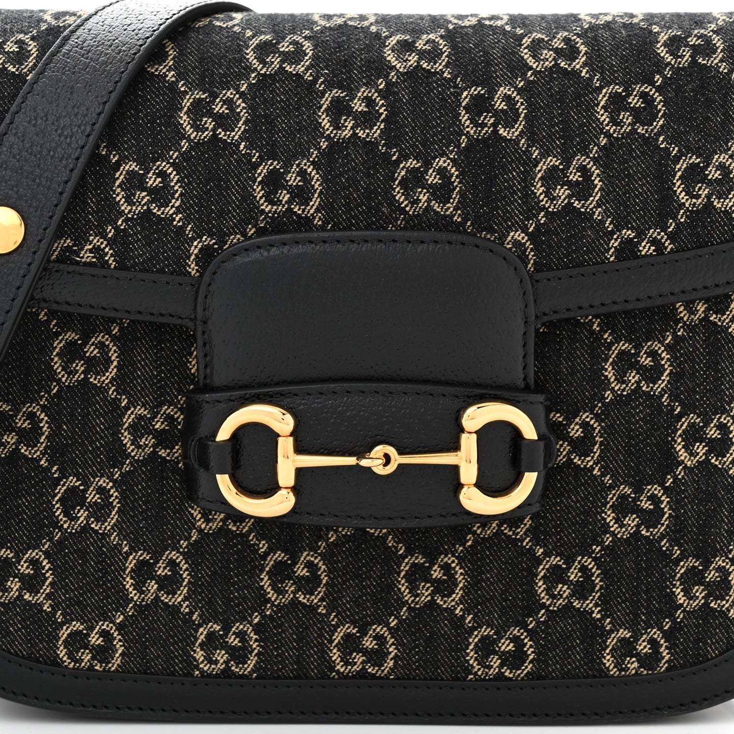 Jacquard Black Denim GG Monogram Textured Dollar Calfskin Horsebit 1955 Shoulder Bag Black Ivory