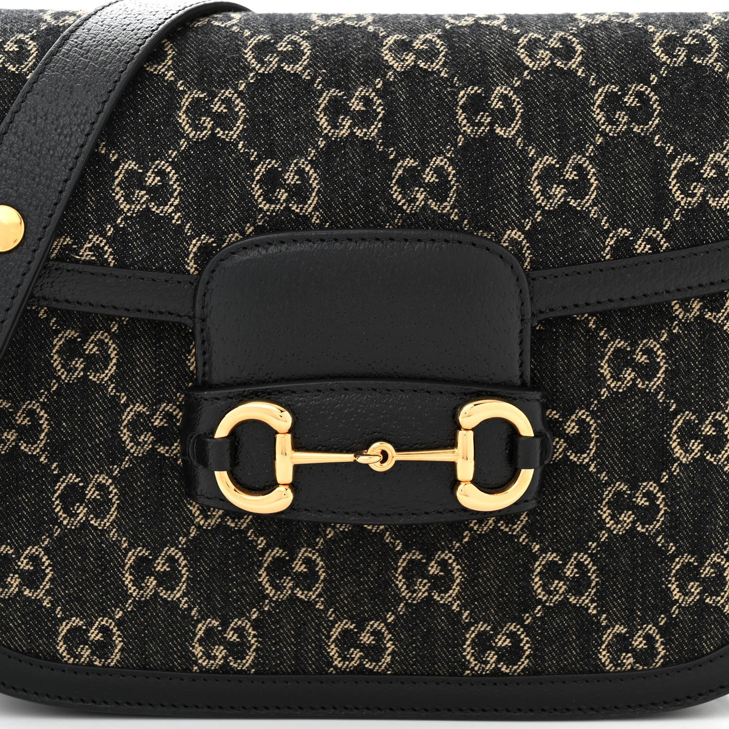 Gucci Jacquard Black Denim GG Monogram Textured Dollar Calfskin Horsebit 1955 Shoulder Bag Black Ivory 8 of 11