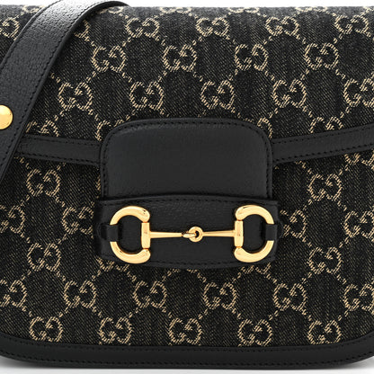 Gucci Jacquard Black Denim GG Monogram Textured Dollar Calfskin Horsebit 1955 Shoulder Bag Black Ivory 8 of 11