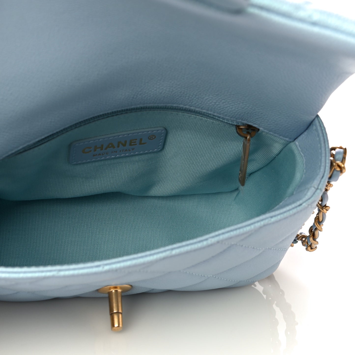 Iridescent Caviar Quilted Mini My Perfect Flap Light Blue