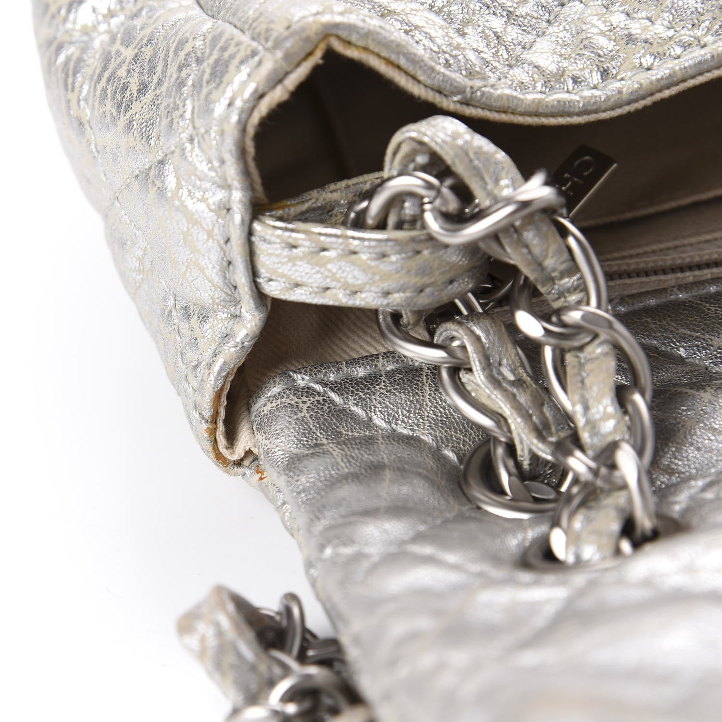 Calfskin Mirror CC Crackled Flap Silver