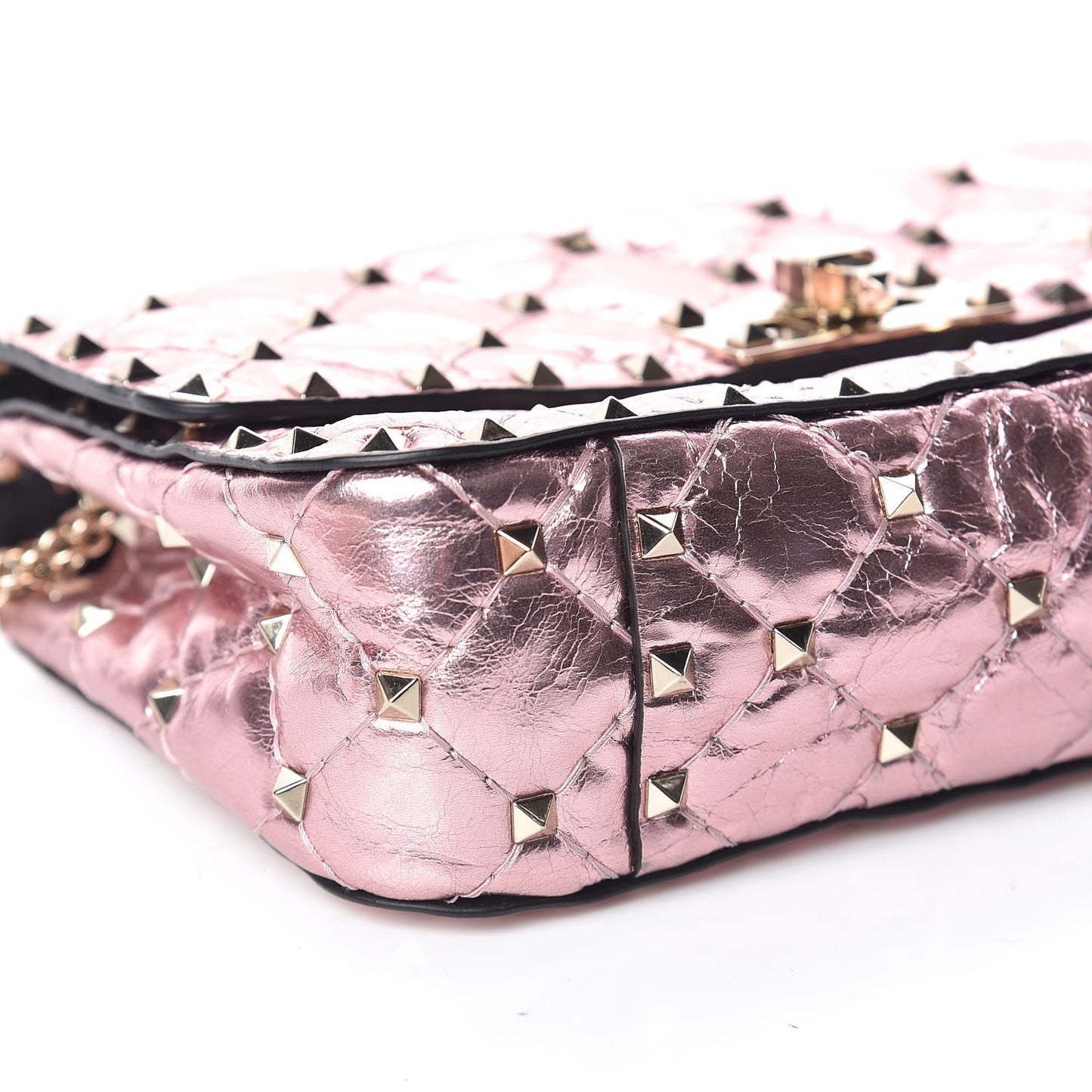 Metallic Wrinkled Lambskin Small Rockstud Spike Shoulder Bag Lipstick