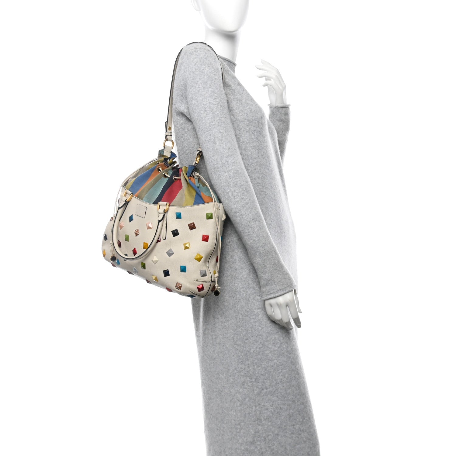 Fendi Calfskin Studded Medium B Fab Drawstring Tote Milk Multicolor 2 of 15