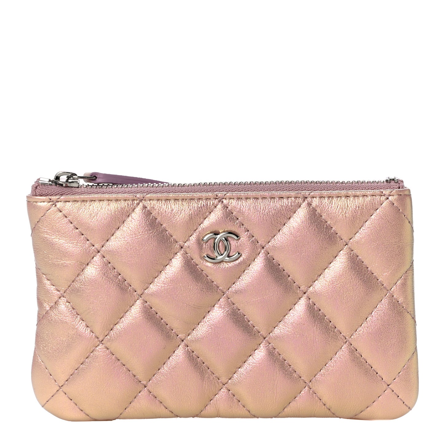 Iridescent Calfskin Quilted Small Cosmetic Case Pink