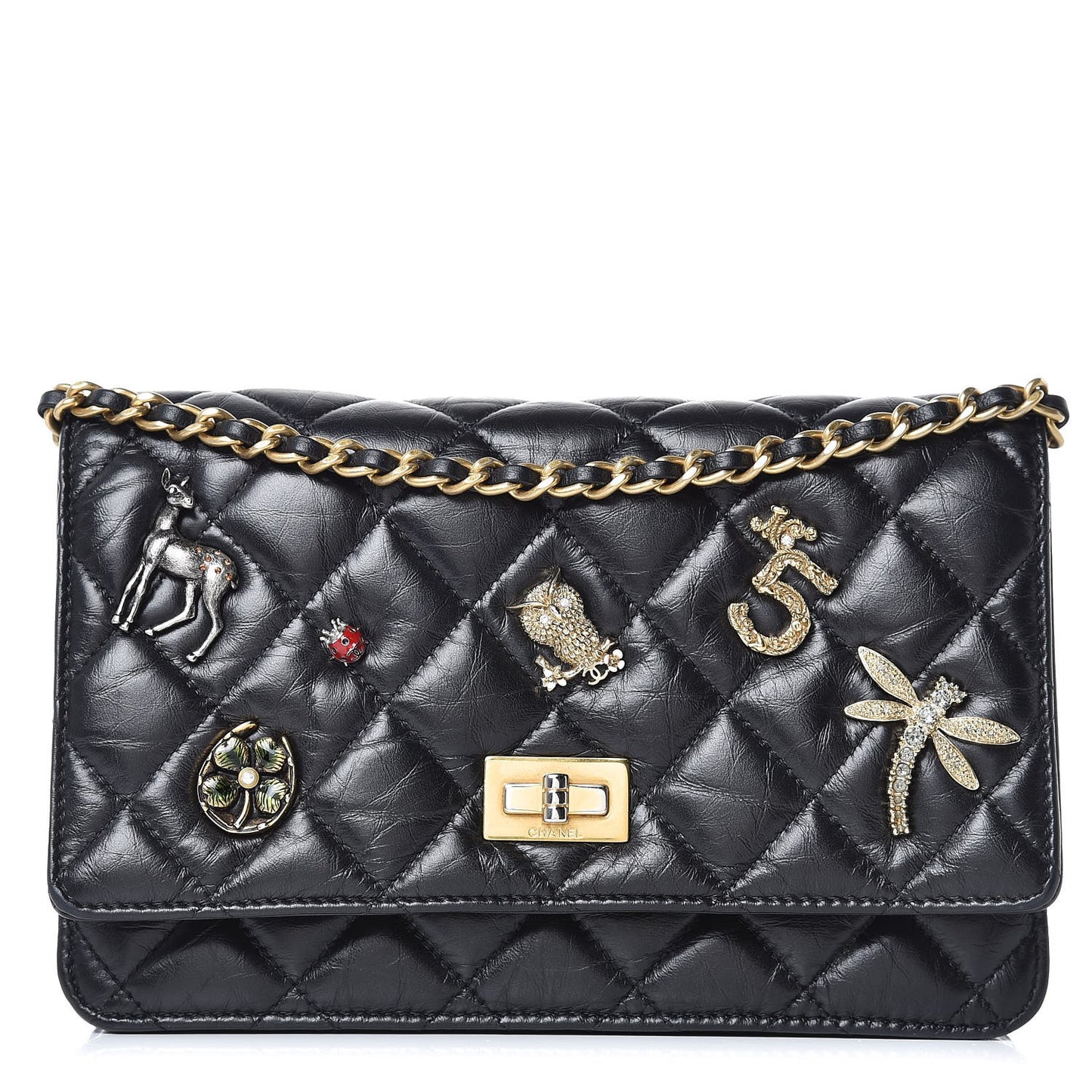 Aged Calfskin Quilted Lucky Charms 2.55 Reissue Wallet On Chain WOC Black