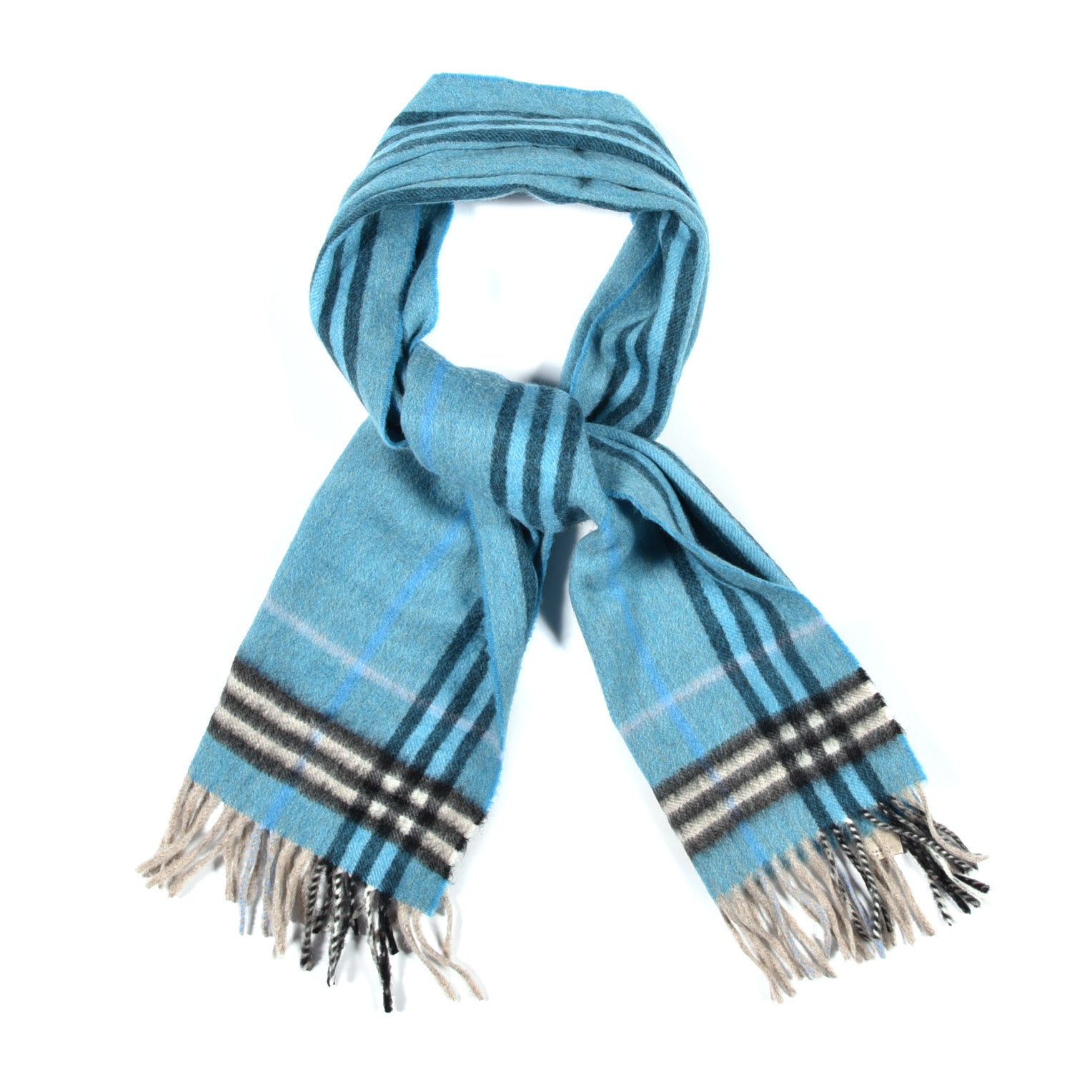 Burberry Cashmere Wool Check Fringe Scarf Blue 1 of 5