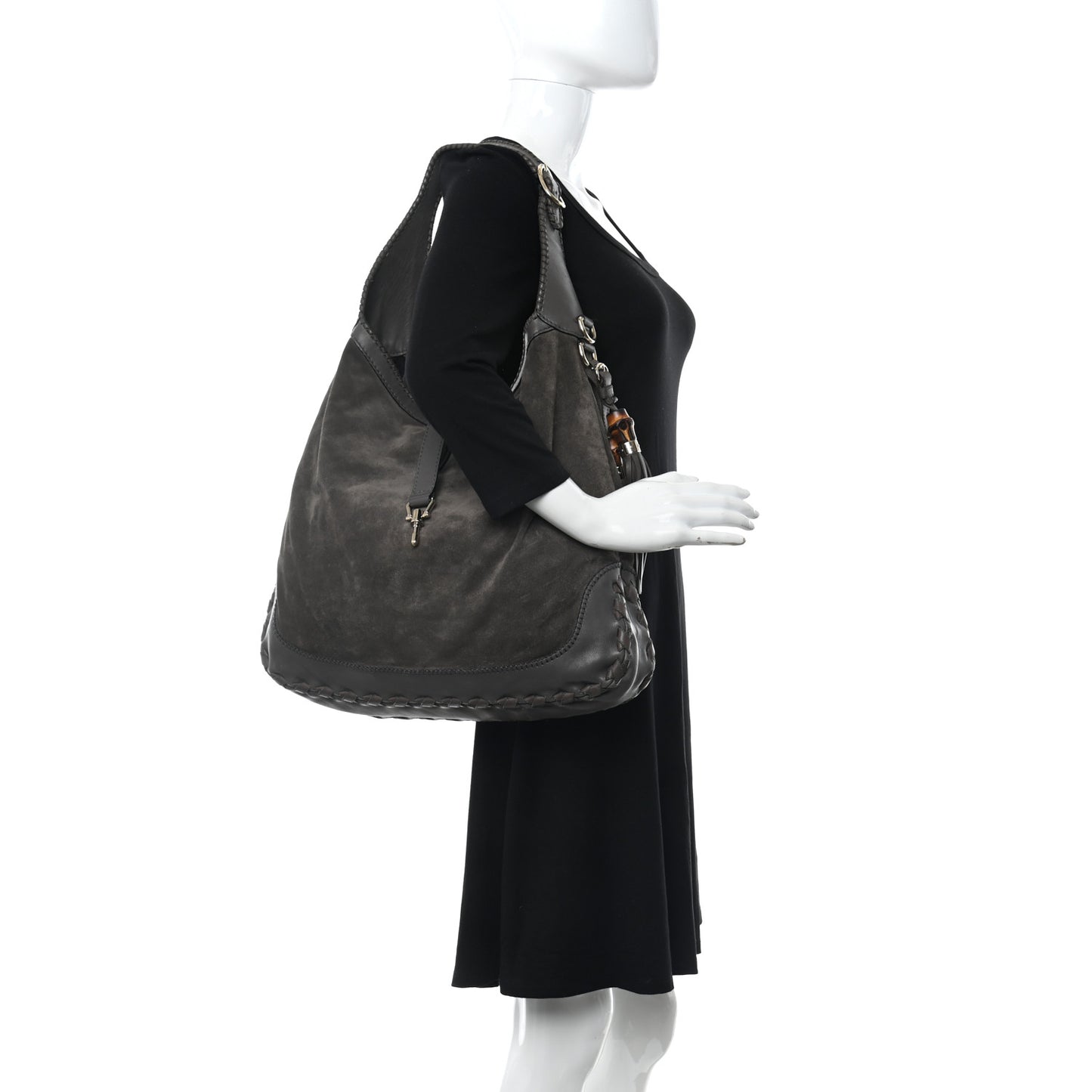 Calfskin Suede Large New Jackie Web Shoulder Bag Grey