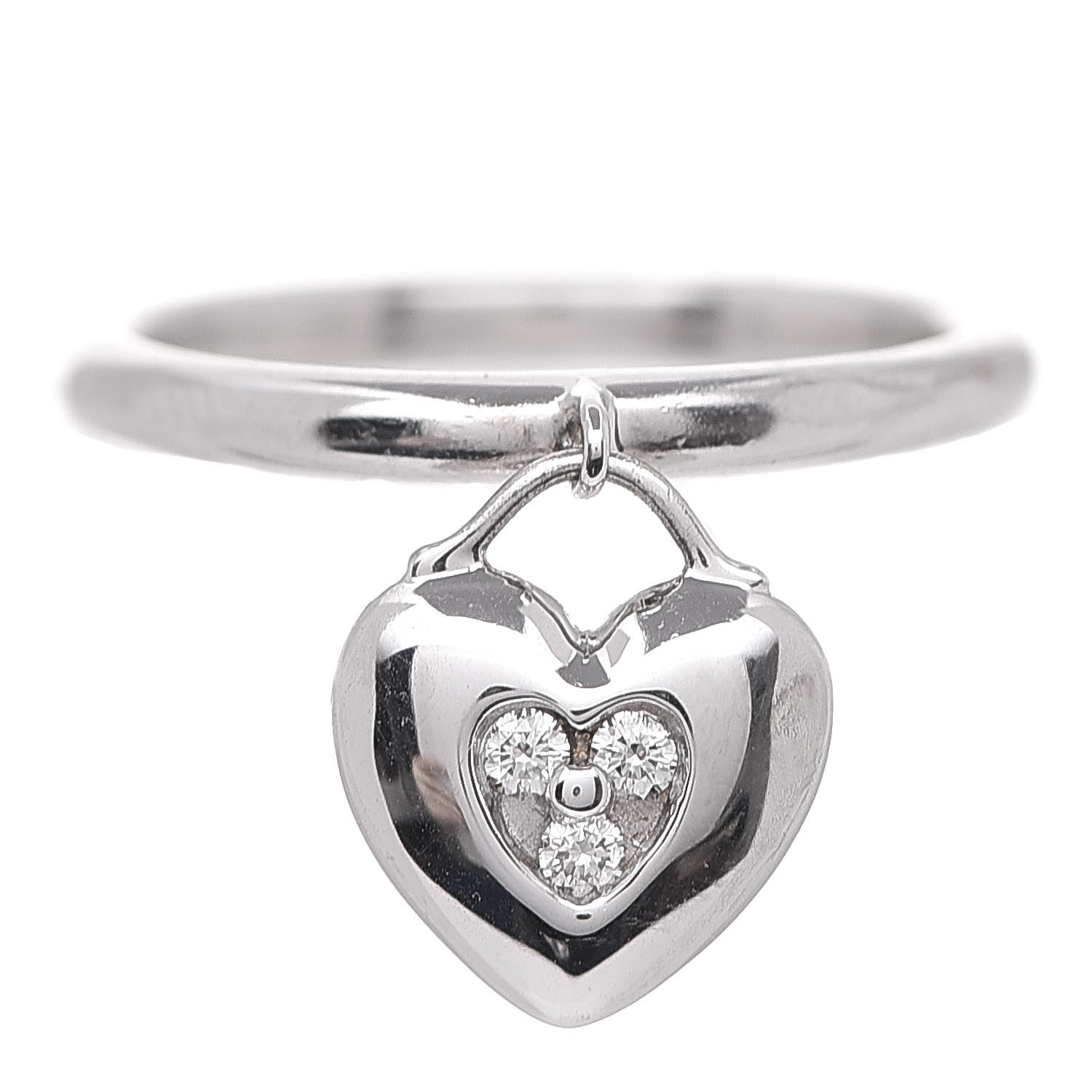 Tiffany 18K White Gold Diamond Heart Swing Dangle Ring 47.5 4.25 1 of 5