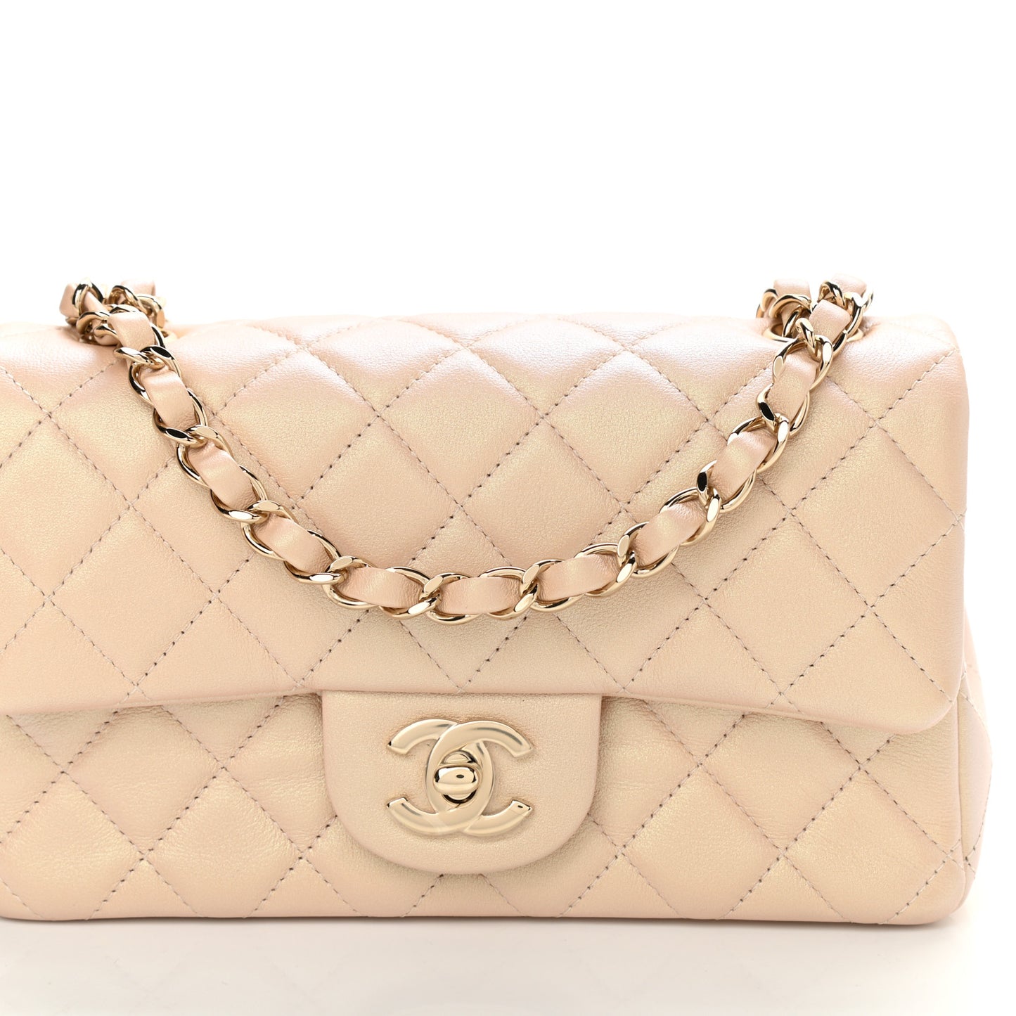 Iridescent Calfskin Quilted Mini Rectangular Flap Beige
