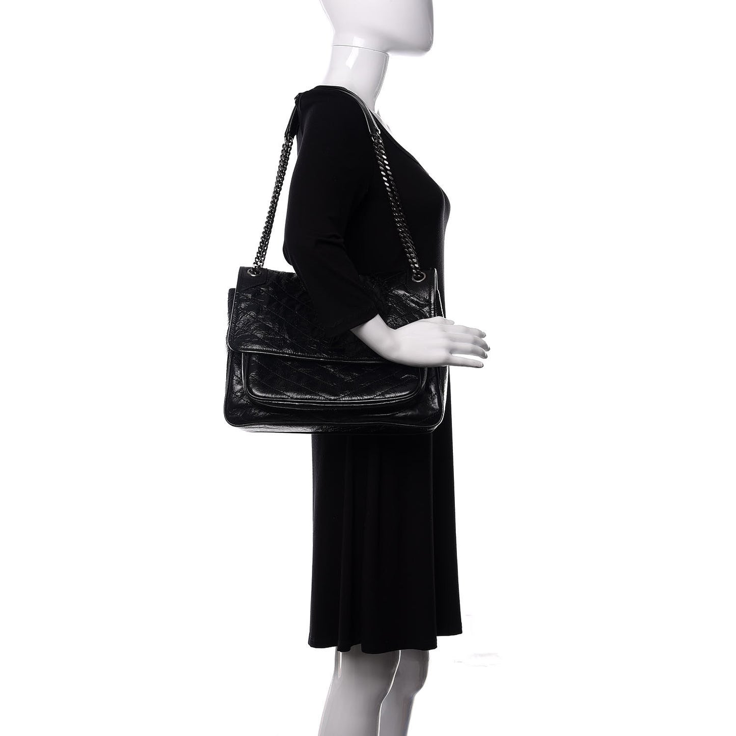 Crinkled Calfskin Matelasse Monogram Large Niki Chain Satchel Black