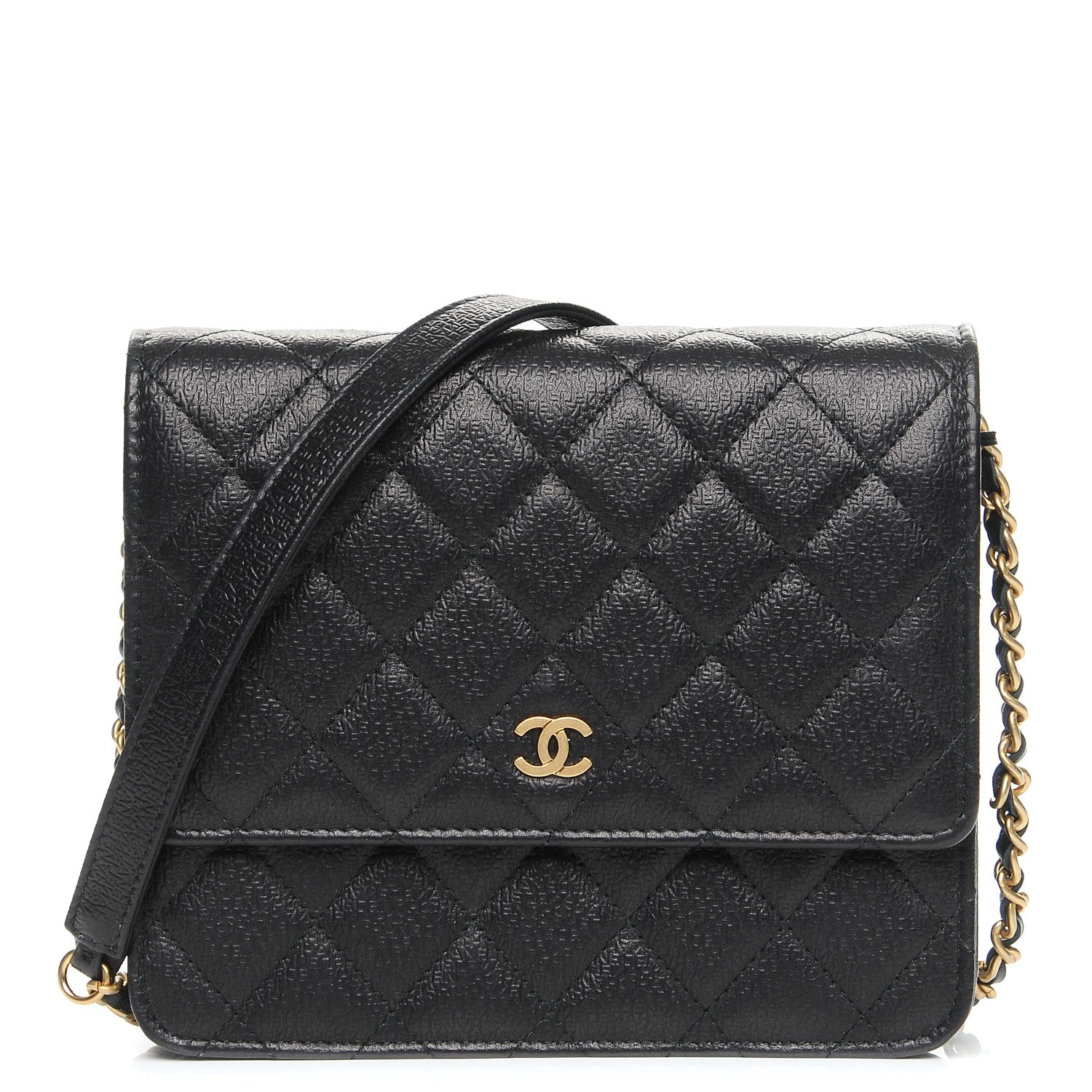 Chanel Letter Calfskin Embossed Quilted Square Wallet On Chain WOC Black 1 of 9