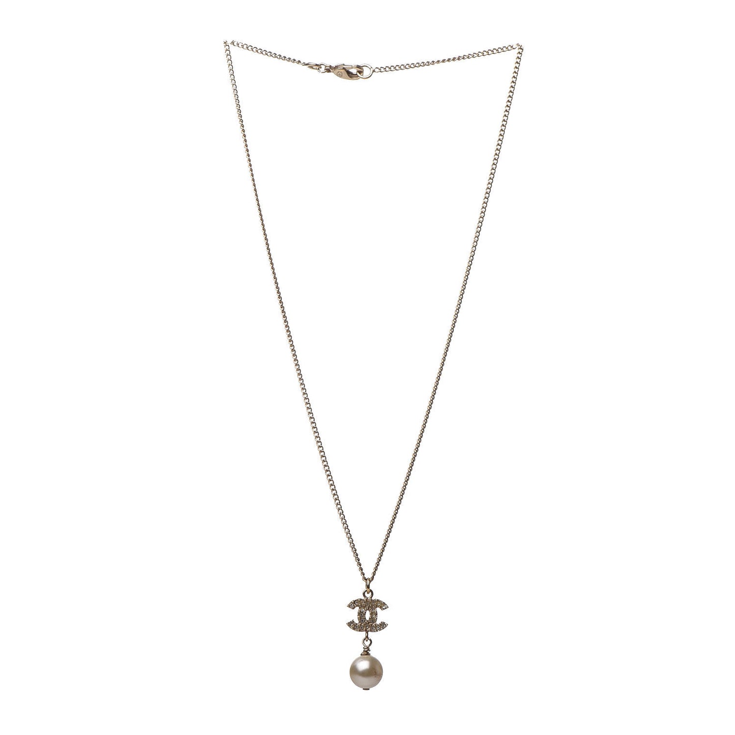 Crystal Pearl CC Drop Necklace Gold