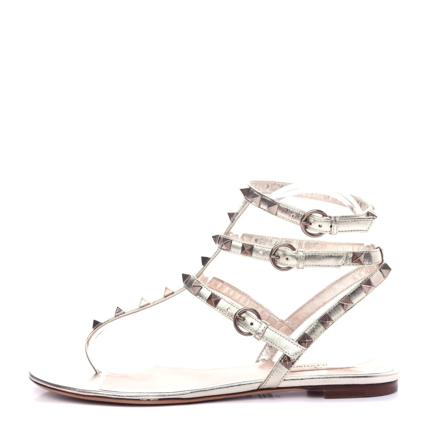 Metallic Nappa Rockstud Ankle Wrap Flat Thong Sandals 39 Platino