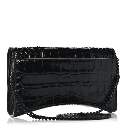 Balenciaga Shiny Calfskin Monochrome Crocodile Embossed Hourglass Chain Bag Black 3 of 10