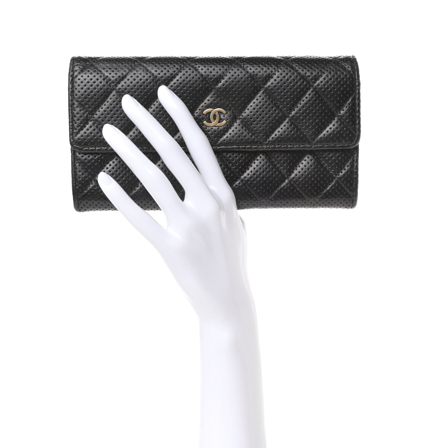 Chanel Perforated Lambskin Quilted Large Gusset Flap Wallet Black 2 of 7