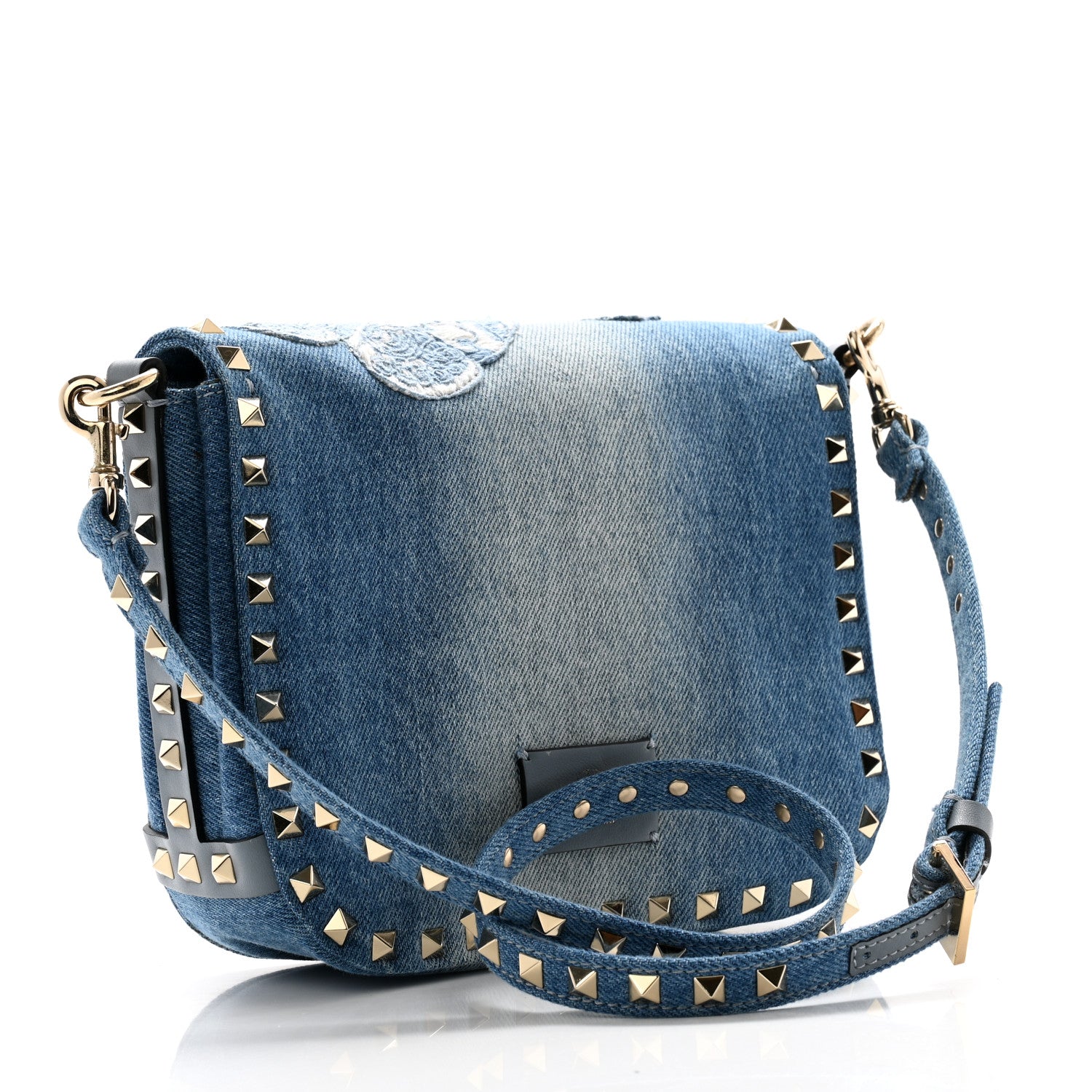 Valentino Garavani Denim Butterfly Embroidered Rockstud Shoulder Flap Messenger Bag Light Denim 3 of 9