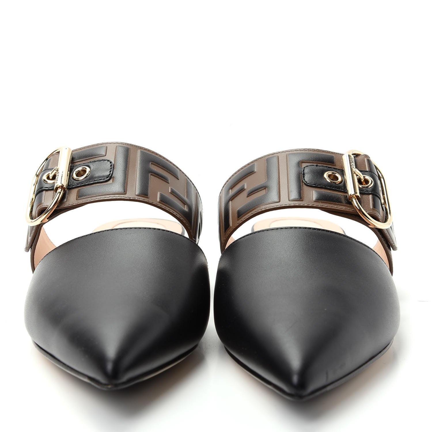 Fendi Vitello FF Embossed Buckle Flat Mules 37 Maya Black 2 of 10