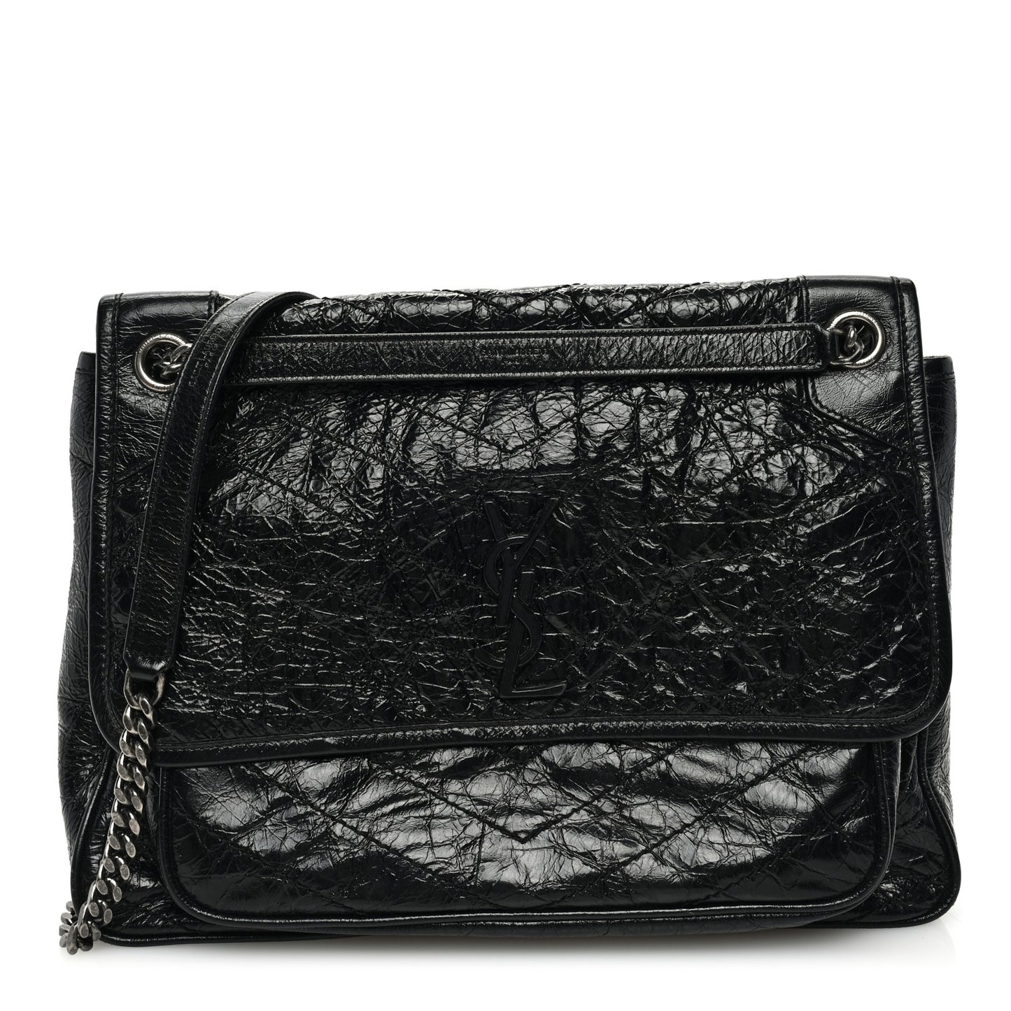 Crinkled Calfskin Matelasse Monogram Large Niki Chain Satchel Black