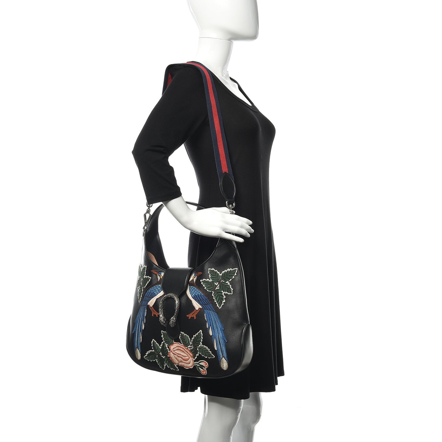 Calfskin Web Garden Collection Embroidered Medium Dionysus Hobo Black