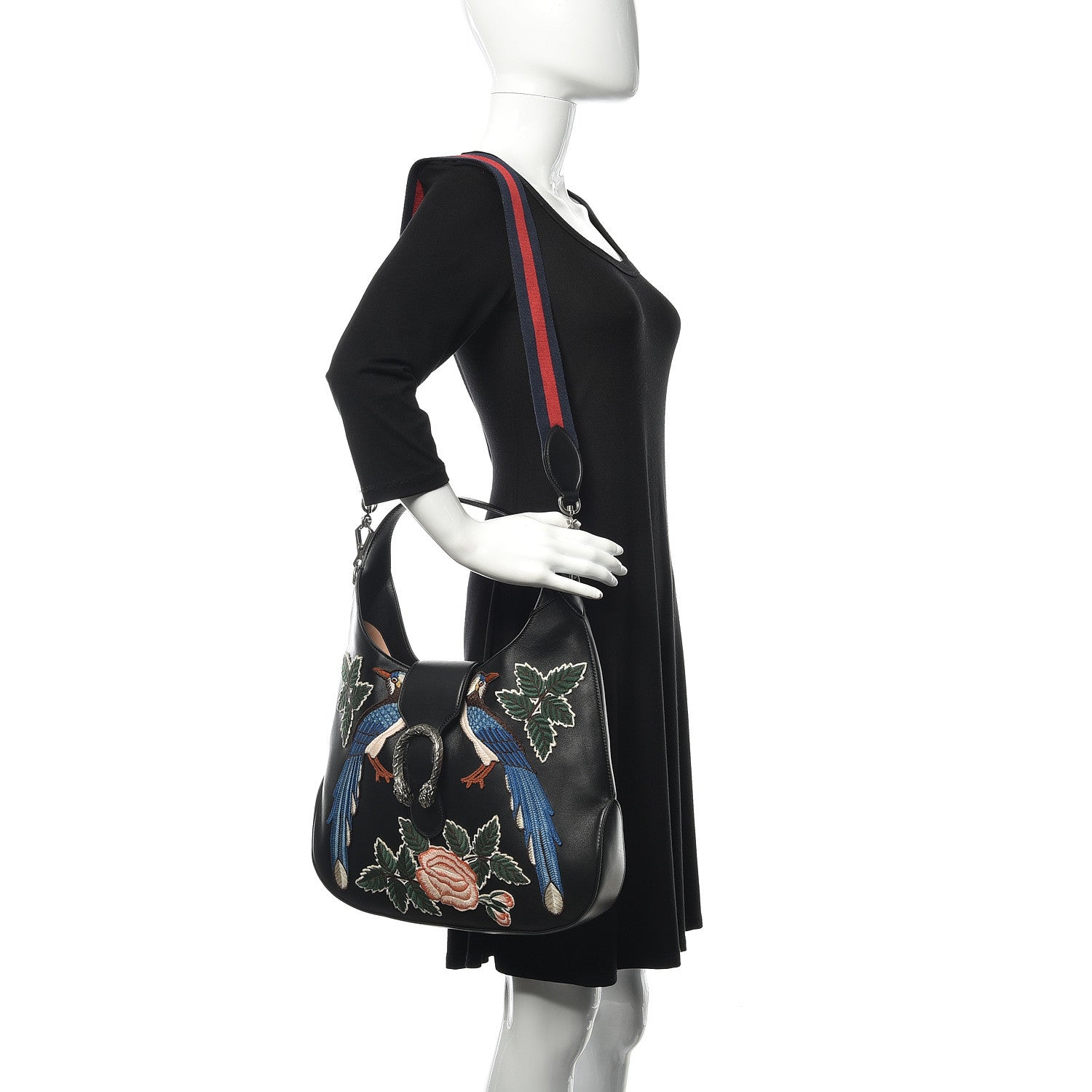 Gucci Calfskin Web Garden Collection Embroidered Medium Dionysus Hobo Black 2 of 9