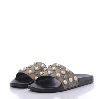 Gucci GG Supreme Monogram Slide Pearls Sandals 39 Beige 3 of 8
