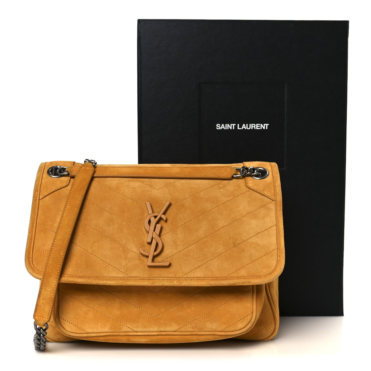 Suede Monogram Medium Niki Chain Satchel Cheddar
