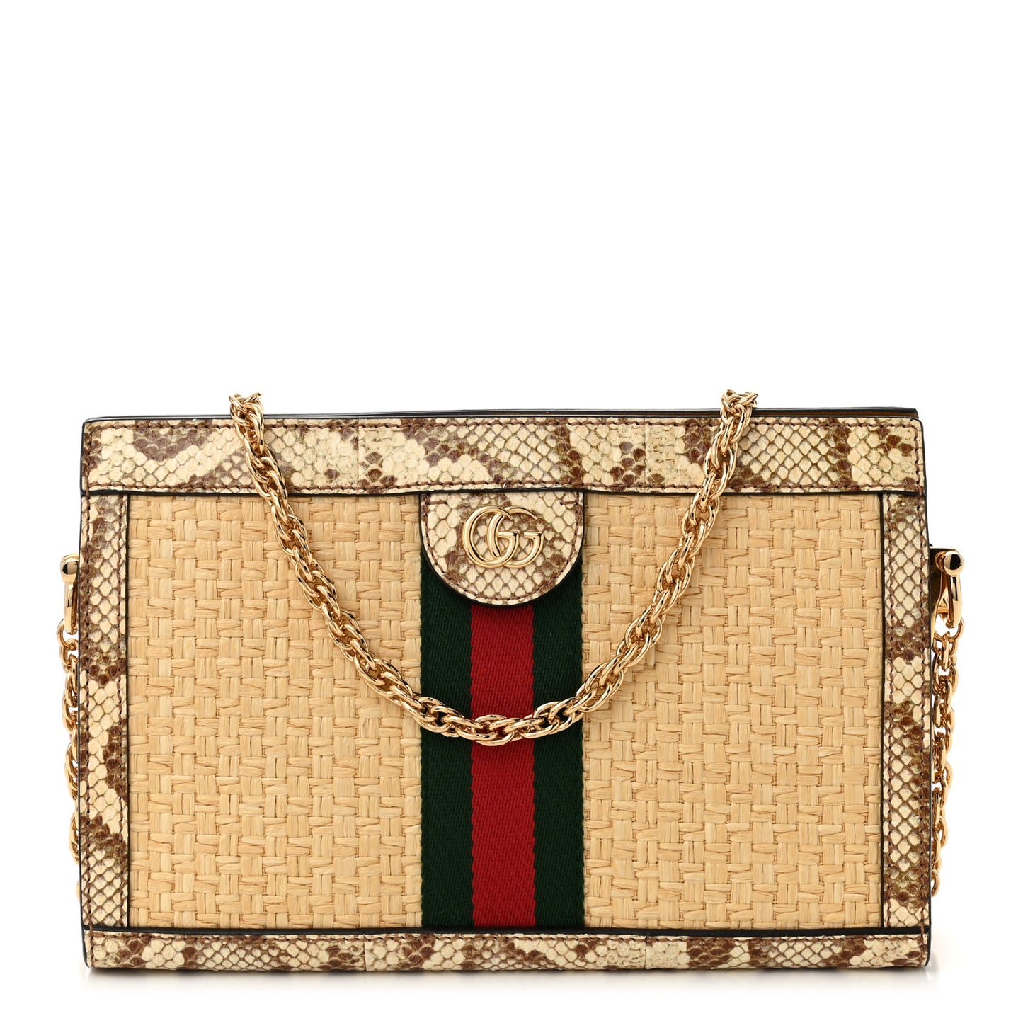 Raffia Elaphe GG Small Ophidia Chain Shoulder Bag Natural Cream Brown