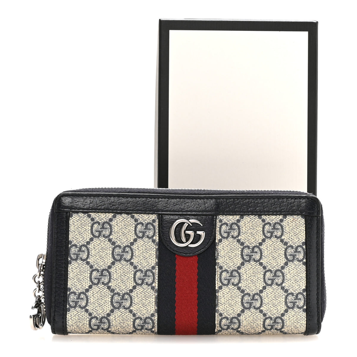 Gucci GG Supreme Monogram Textured Dollar Calfskin Web Ophidia Zip Around Wallet Beige Blue 9 of 9