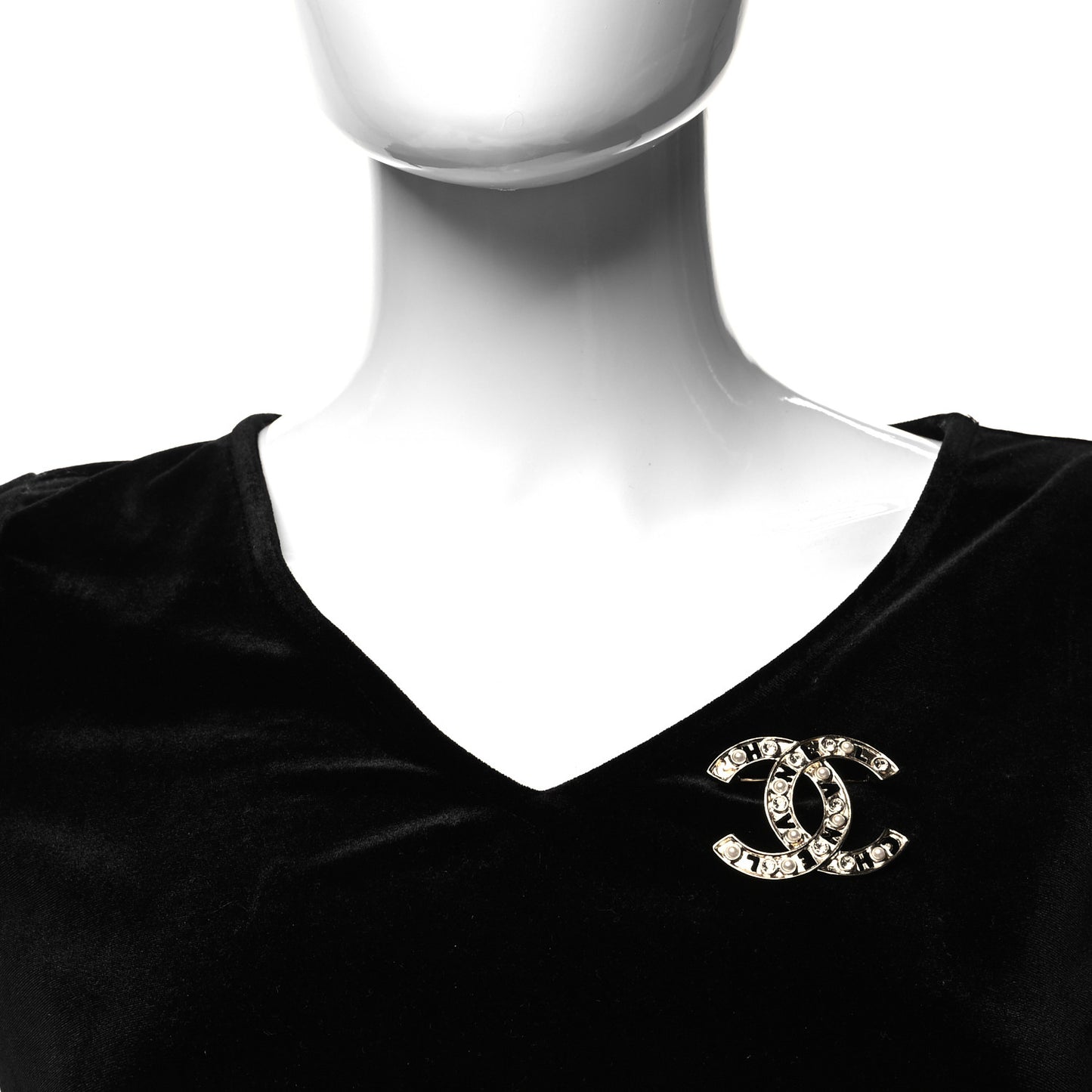 Crystal Pearl Coco CC Logo Brooch Gold