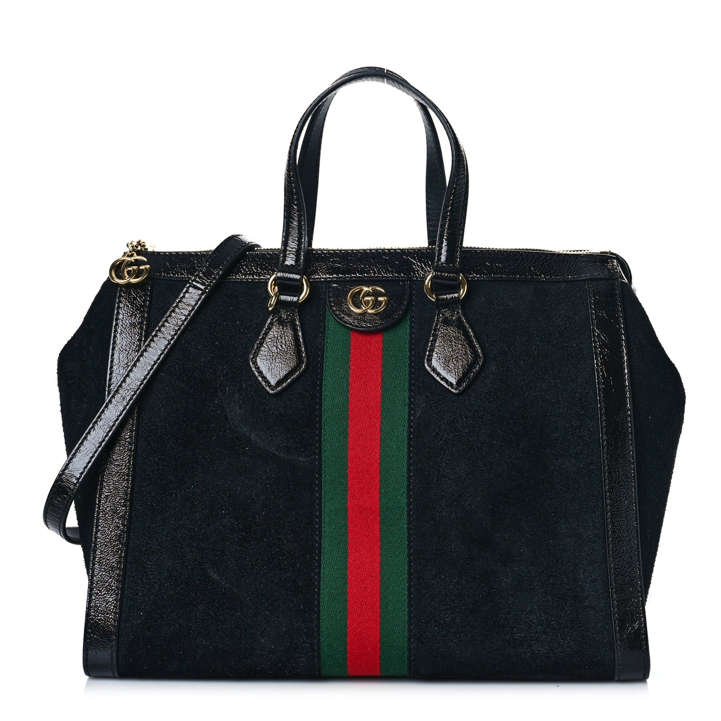 Suede Patent GG Web Medium Ophidia Tote Bag Black