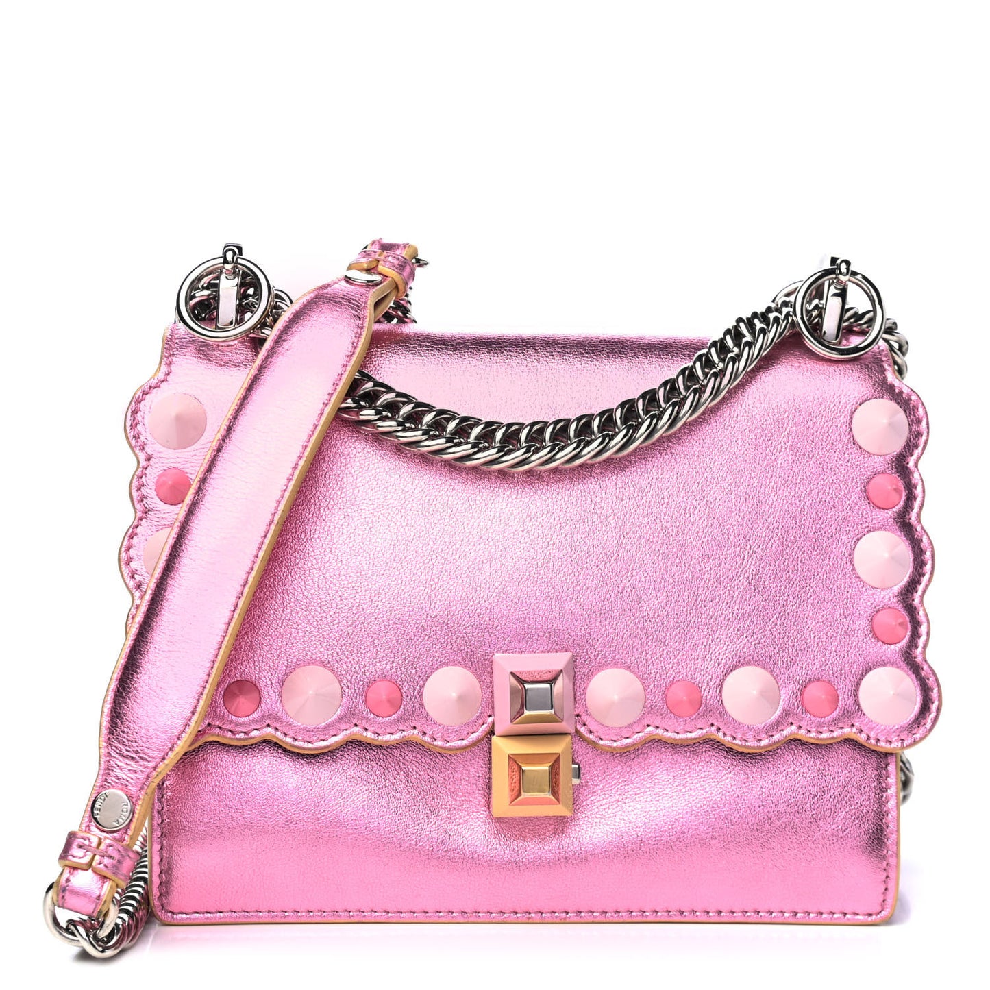 Vitello Catalan Mirror Scalloped Multi Studded Small Kan I Shoulder Bag Fuxia Chiaro