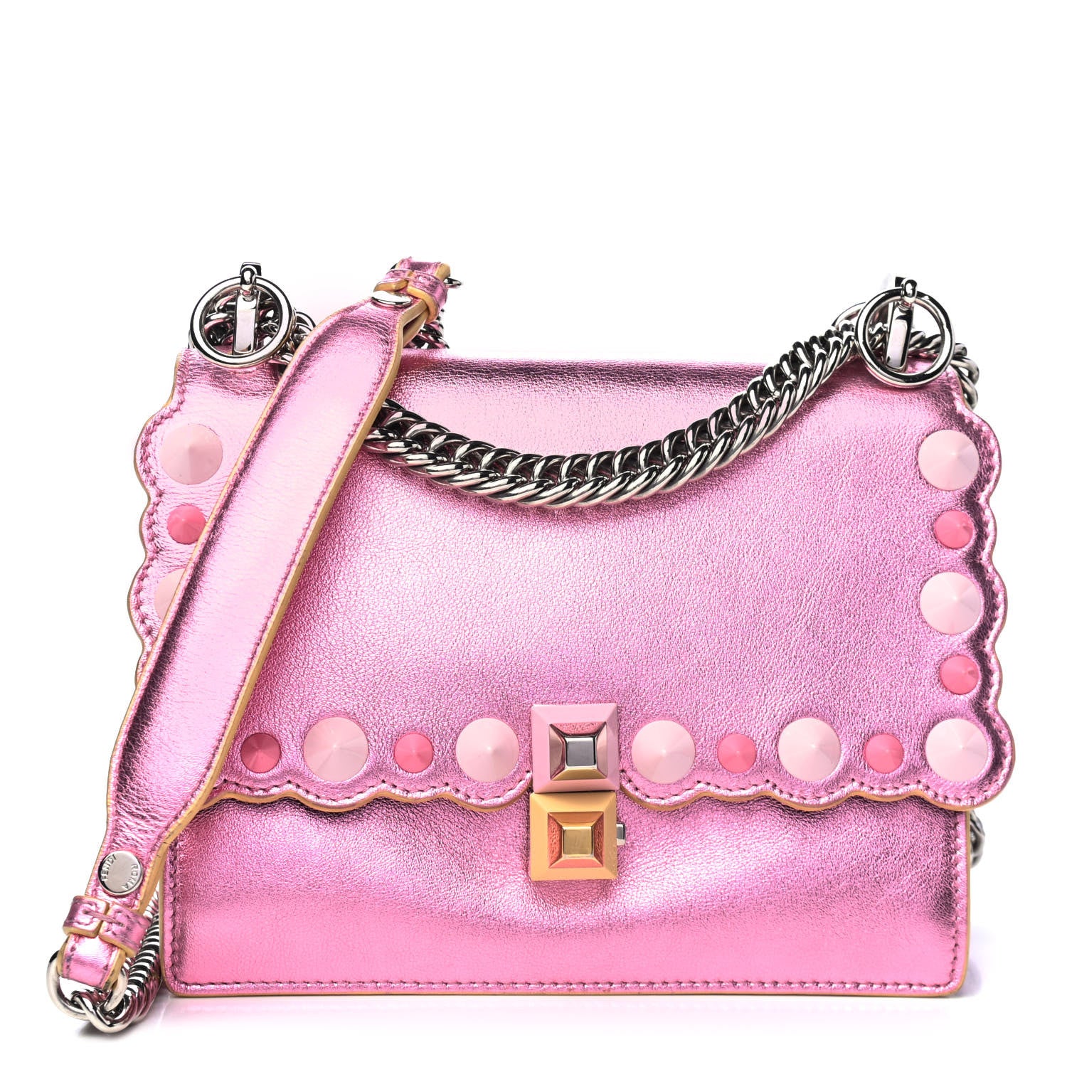 Fendi Vitello Catalan Mirror Scalloped Multi Studded Small Kan I Shoulder Bag Fuxia Chiaro 1 of 4