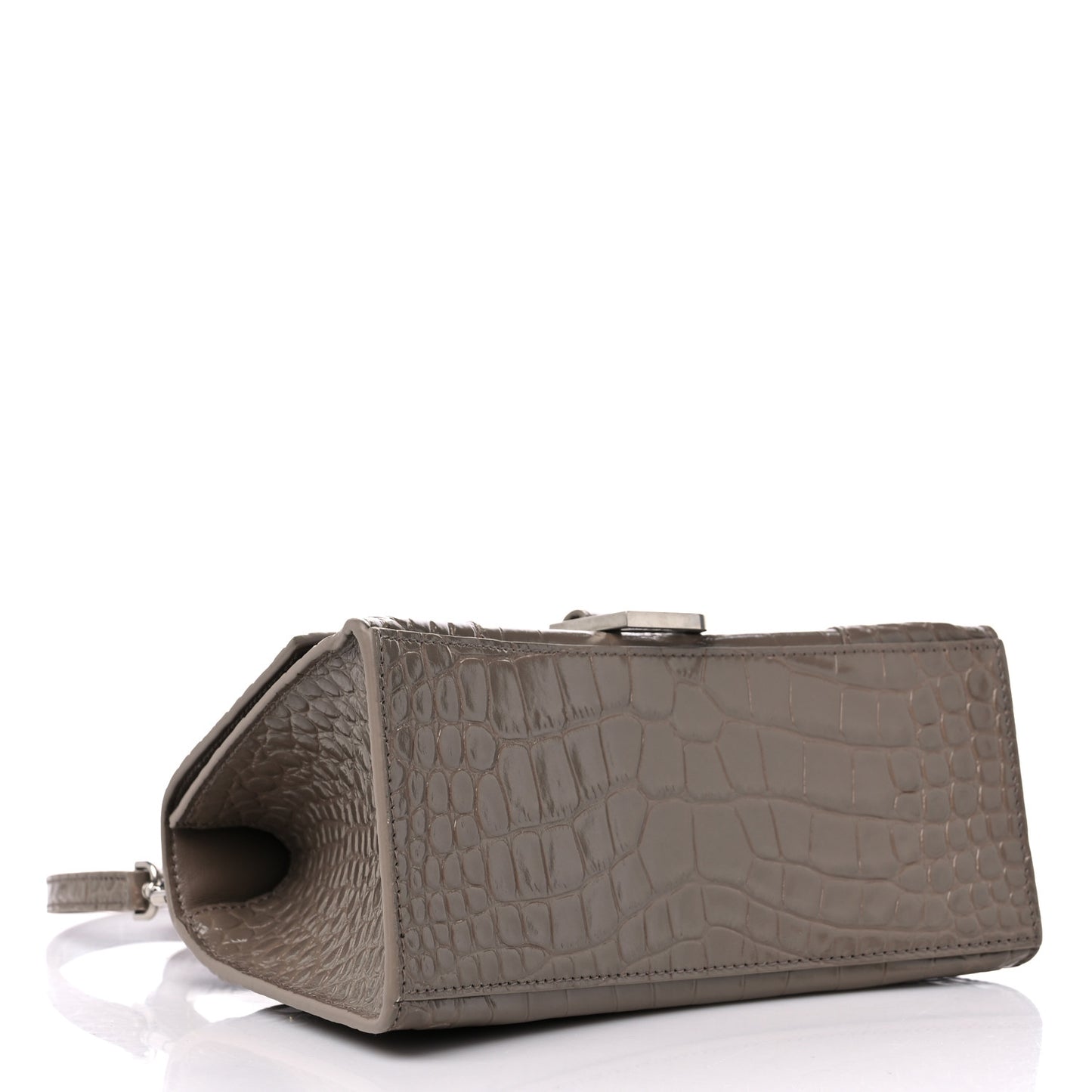 Shiny Calfskin Crocodile Embossed Small Hourglass Top Handle Bag Mink Grey