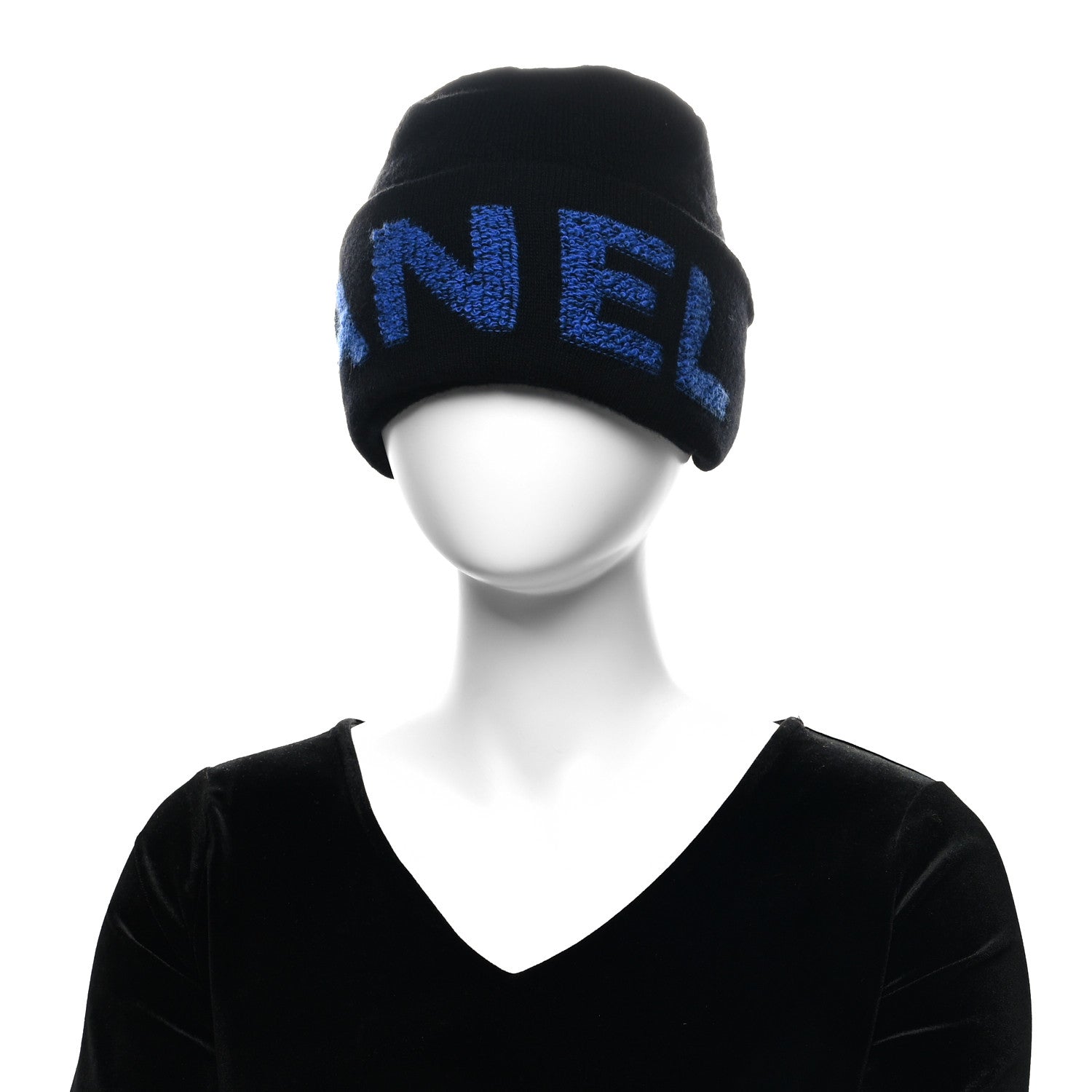 Chanel Wool Cashmere Logo Beanie Hat Black Blue 2 of 5