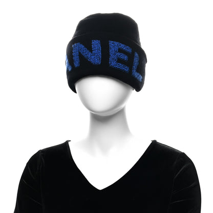 Chanel Wool Cashmere Logo Beanie Hat Black Blue 2 of 5