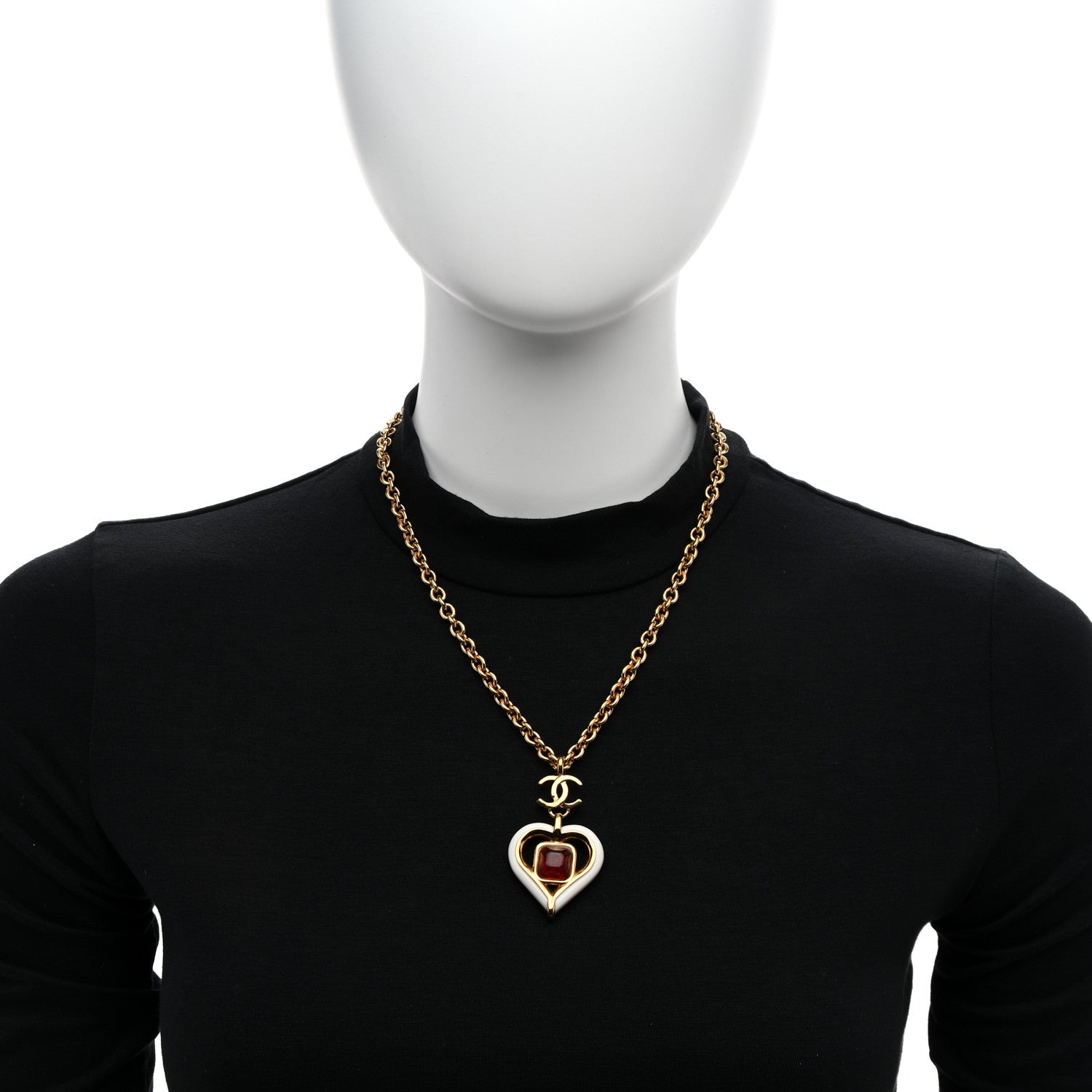 Chanel Resin Crystal Heart CC Pendant Necklace Red White Gold 2 of 4