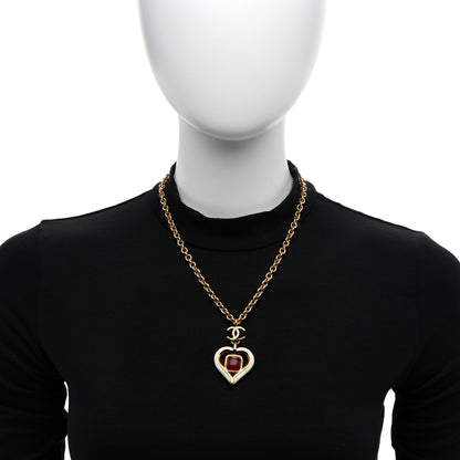 Chanel Resin Crystal Heart CC Pendant Necklace Red White Gold 2 of 4