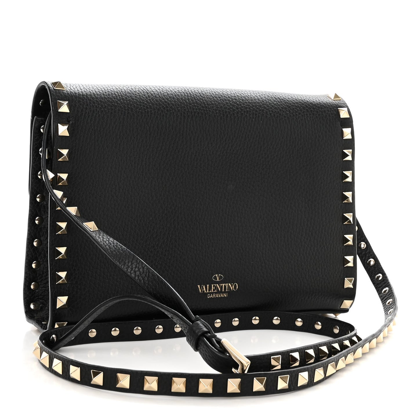 Pebbled Calfskin Medium Rockstud Flip Lock Crossbody Bag Black