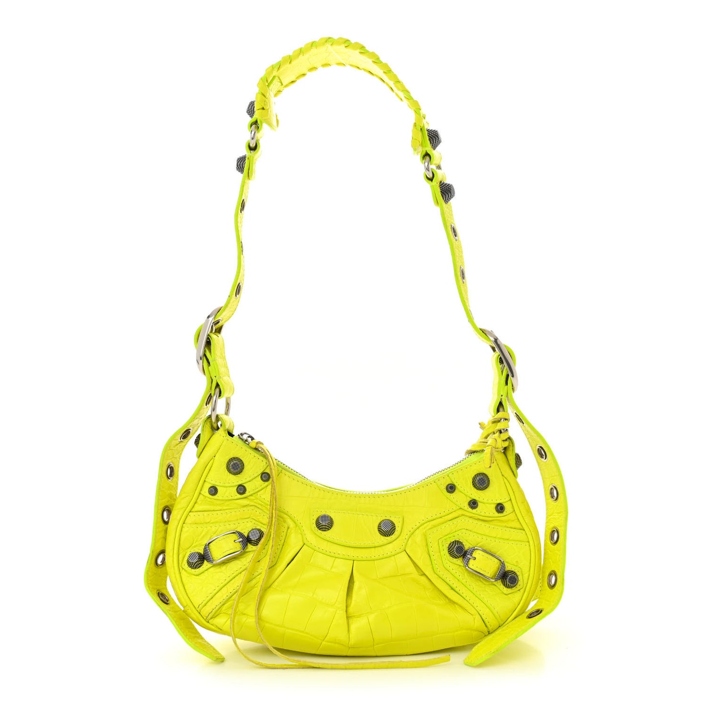Extra Supple Calfskin Crocodile Embossed Le Cagole Shoulder Bag XS Fluo Yellow