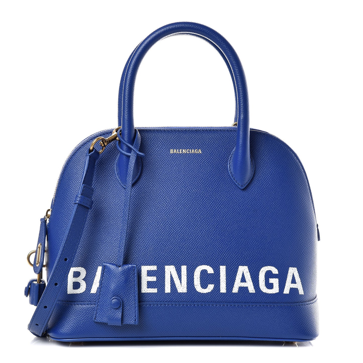 Signature Grained Calfskin Logo S Ville Top Handle Bag Bleu Roi White