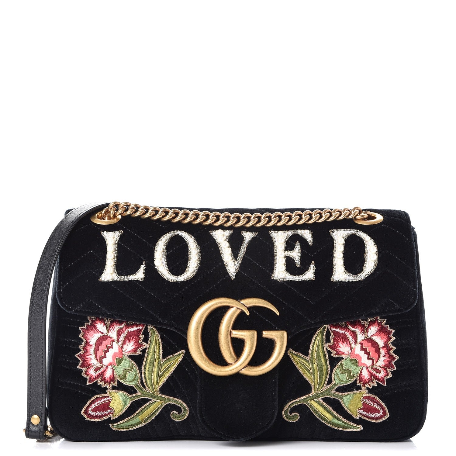 Gucci Velvet Matelasse Loved Embroidered Medium GG Marmont Shoulder Bag Black 1 of 9