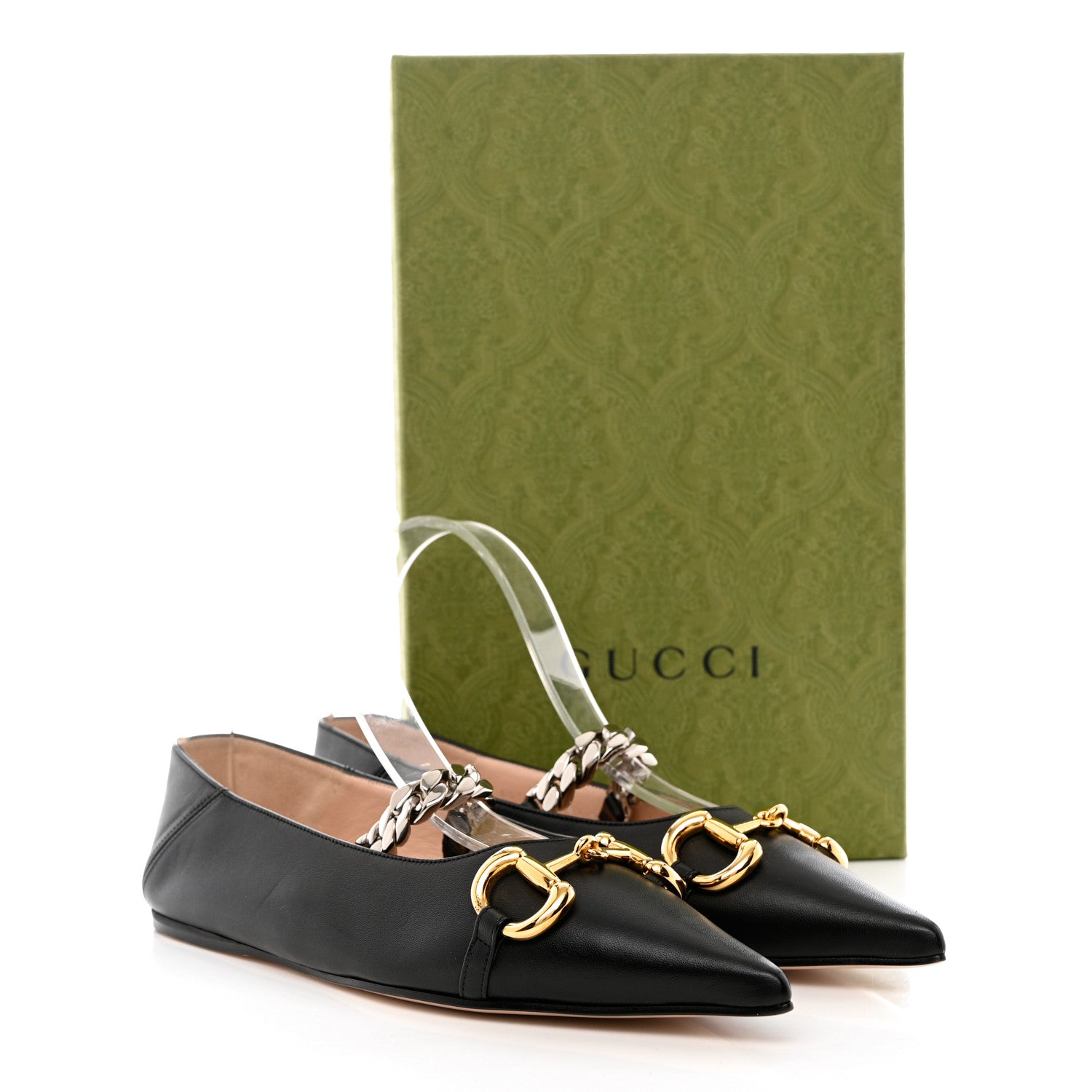 Gucci Nappa Lumiere Deva Horsebit Chain Embellished Flats 38.5 Black 9 of 9