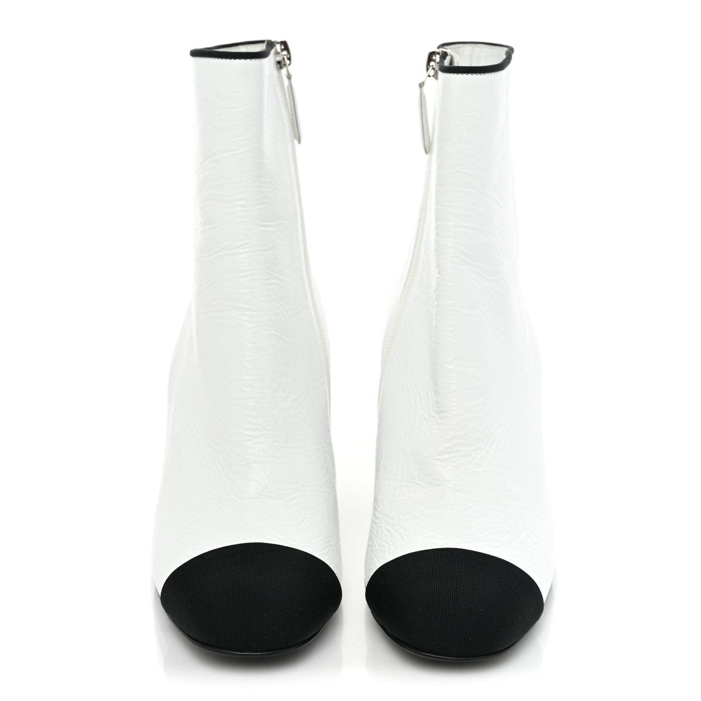 Laminated Lambskin Grosgrain Cap Toe Chain Short Boots 37.5 White Black